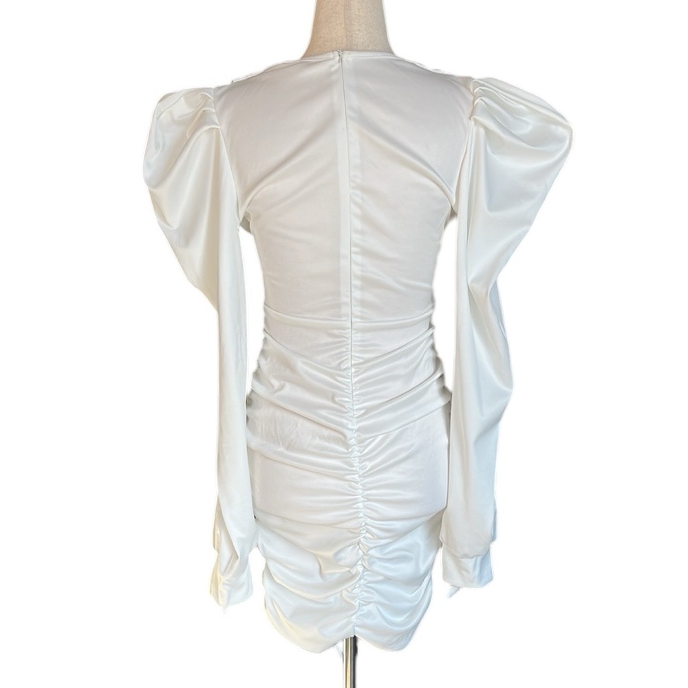 Ruched Short Mini Dress Long Sleeve Puff Sleeve Pleated Drawstring Dress - Picture 8 of 10
